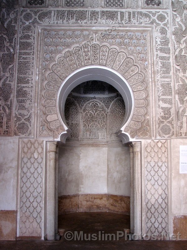 The mihrab of the prayer hall in Ben Youssef Medressa